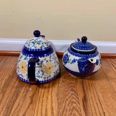 LOT 21 L: Handmade Blue & White Polish Stoneware Collection: Teapots, Mugs, Salt & Pepper Shakers, & More