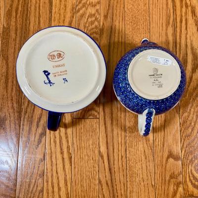 LOT 21 L: Handmade Blue & White Polish Stoneware Collection: Teapots, Mugs, Salt & Pepper Shakers, & More