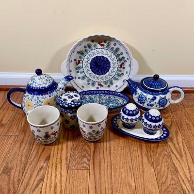 LOT 21 L: Handmade Blue & White Polish Stoneware Collection: Teapots, Mugs, Salt & Pepper Shakers, & More