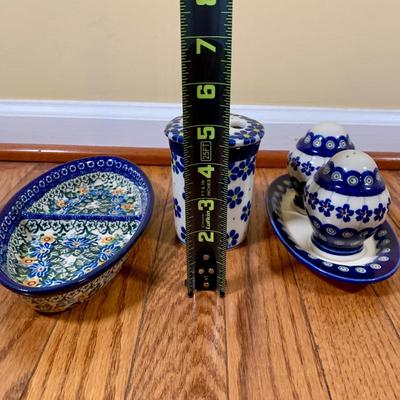 LOT 21 L: Handmade Blue & White Polish Stoneware Collection: Teapots, Mugs, Salt & Pepper Shakers, & More