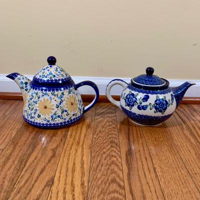 LOT 21 L: Handmade Blue & White Polish Stoneware Collection: Teapots, Mugs, Salt & Pepper Shakers, & More