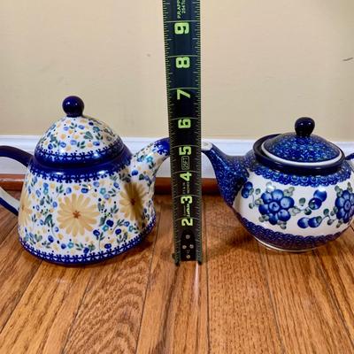 LOT 21 L: Handmade Blue & White Polish Stoneware Collection: Teapots, Mugs, Salt & Pepper Shakers, & More