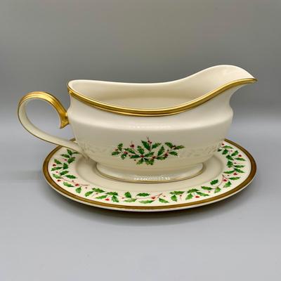LOT 26 L: Lenox Holiday Dimension Collection Gravy Boat w/ Plate