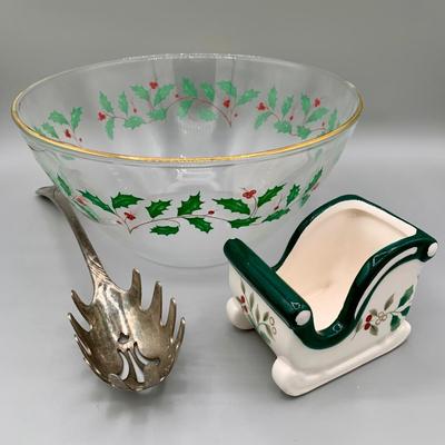 LOT 27 L: Lenox Holiday Dimension Collection Bowl, Silverplate Serving Spoon, Pfaltzgraff "Winterberry" Sweetener Holder, &...