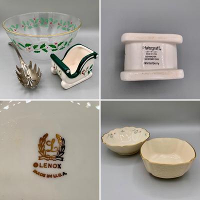 LOT 27 L: Lenox Holiday Dimension Collection Bowl, Silverplate Serving Spoon, Pfaltzgraff "Winterberry" Sweetener Holder, &...