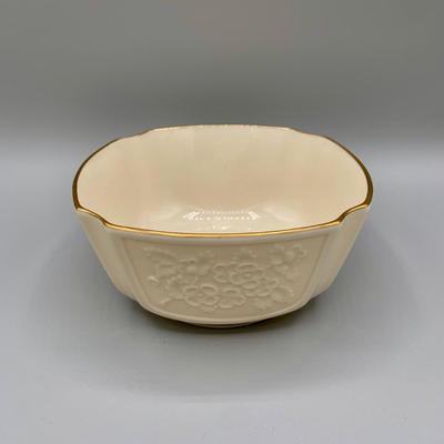 LOT 27 L: Lenox Holiday Dimension Collection Bowl, Silverplate Serving Spoon, Pfaltzgraff "Winterberry" Sweetener Holder, &...