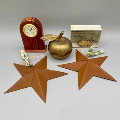 LOT 35 L: Brass Apple Bell, Schlabaugh & Sons Art Deco Miniature Desk Clock, Brass Pineapple Candle Pin, & Metal Star Decor