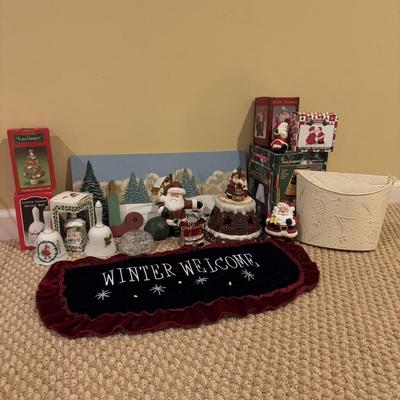 LOT 41B: Christmas Home Decor Collection - Boxed Night Light, Figurines & More w/ Painted Wood Scene, Fitz & Floyd Santa & More