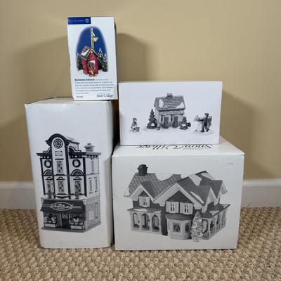 LOT 50B: Dept 56 Original Snow Village - Secret Garden Florist, Farm House, Tending the New Calves & Backwoods Outhouse