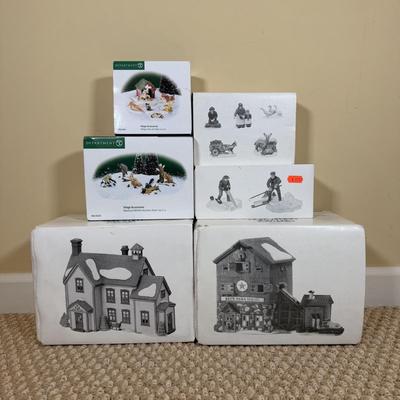 LOT 59B: Dept 56 Heritage Village Collection New England Series - PA Dutch Farmhouse, Blue Star Ice Co. and Harvesters w/ More Village...