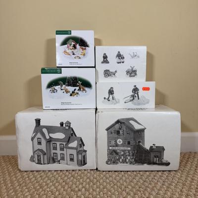 LOT 59B: Dept 56 Heritage Village Collection New England Series - PA Dutch Farmhouse, Blue Star Ice Co. and Harvesters w/ More Village...
