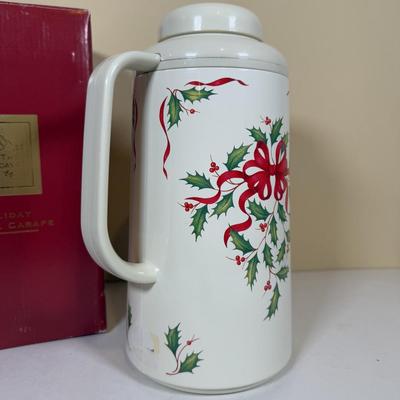 LOT 70B: Lenox Holiday Thermos & Lamb Figurine, Pfaltzgraff Holiday Dishes, Christmas Mugs & More
