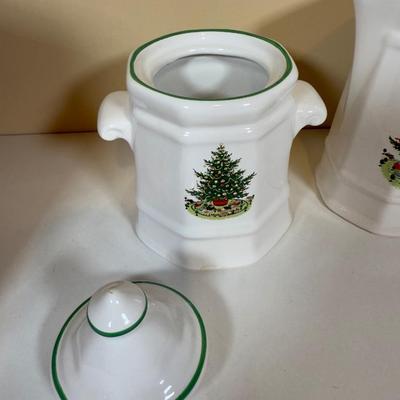 LOT 70B: Lenox Holiday Thermos & Lamb Figurine, Pfaltzgraff Holiday Dishes, Christmas Mugs & More