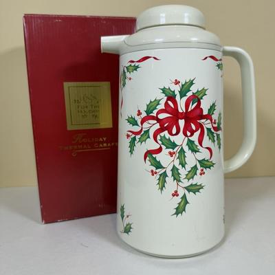 LOT 70B: Lenox Holiday Thermos & Lamb Figurine, Pfaltzgraff Holiday Dishes, Christmas Mugs & More