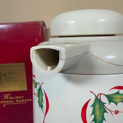 LOT 70B: Lenox Holiday Thermos & Lamb Figurine, Pfaltzgraff Holiday Dishes, Christmas Mugs & More