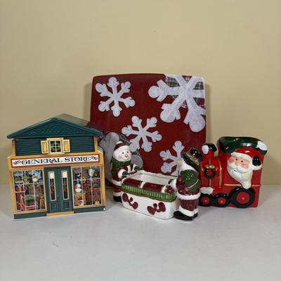 LOT 70B: Lenox Holiday Thermos & Lamb Figurine, Pfaltzgraff Holiday Dishes, Christmas Mugs & More