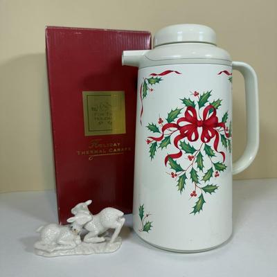 LOT 70B: Lenox Holiday Thermos & Lamb Figurine, Pfaltzgraff Holiday Dishes, Christmas Mugs & More