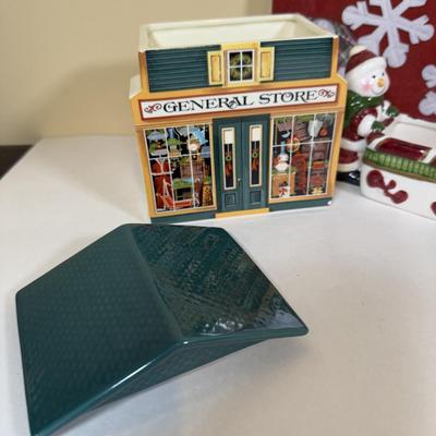 LOT 70B: Lenox Holiday Thermos & Lamb Figurine, Pfaltzgraff Holiday Dishes, Christmas Mugs & More