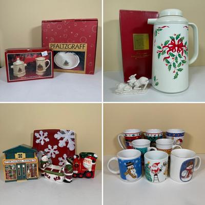 LOT 70B: Lenox Holiday Thermos & Lamb Figurine, Pfaltzgraff Holiday Dishes, Christmas Mugs & More