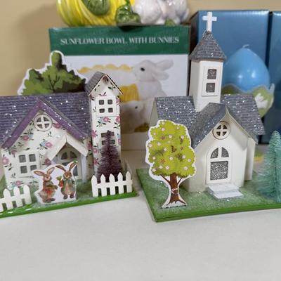 LOT 72B: Spring Home Decor Collection - Avon Egg Candles, Figurines, Sunflower Bowl w/ Bunnies & More