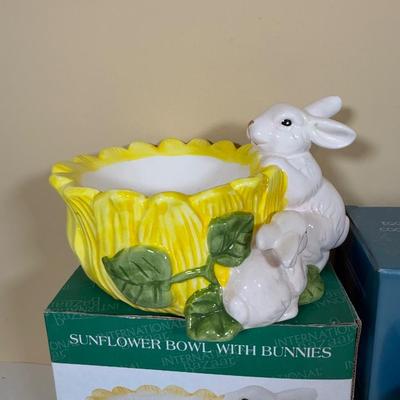 LOT 72B: Spring Home Decor Collection - Avon Egg Candles, Figurines, Sunflower Bowl w/ Bunnies & More