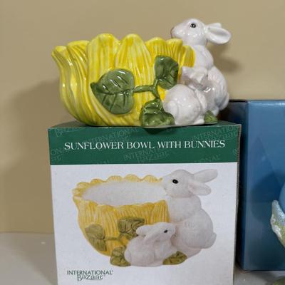 LOT 72B: Spring Home Decor Collection - Avon Egg Candles, Figurines, Sunflower Bowl w/ Bunnies & More