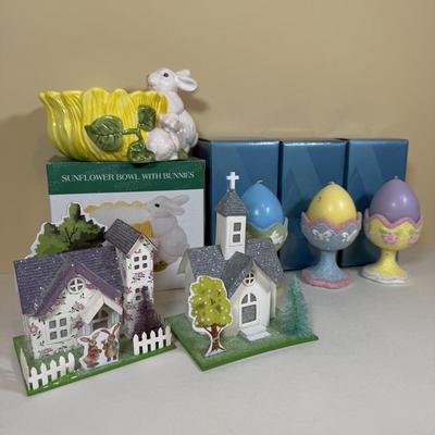 LOT 72B: Spring Home Decor Collection - Avon Egg Candles, Figurines, Sunflower Bowl w/ Bunnies & More