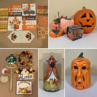 LOT 73B: Autumn Halloween Home Decor Collection - Jim Shore Bountiful Angel w/ Box, 1988 Scioto Mold Grumpy Jack O Lantern & More