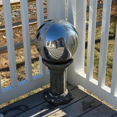 LOT 122Y: Silver Mirrored Gazing Ball on Concrete Stand