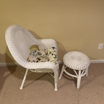 LOT 162B: Wicker Furniture - Rocker w/ Ottoman, Chair, Stool & Shelf