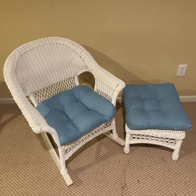 LOT 162B: Wicker Furniture - Rocker w/ Ottoman, Chair, Stool & Shelf