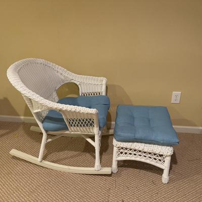 LOT 162B: Wicker Furniture - Rocker w/ Ottoman, Chair, Stool & Shelf