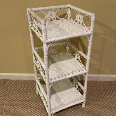 LOT 162B: Wicker Furniture - Rocker w/ Ottoman, Chair, Stool & Shelf