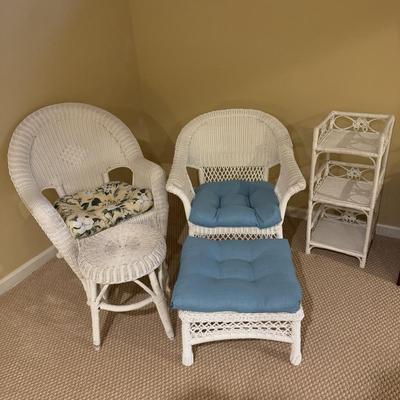 LOT 162B: Wicker Furniture - Rocker w/ Ottoman, Chair, Stool & Shelf