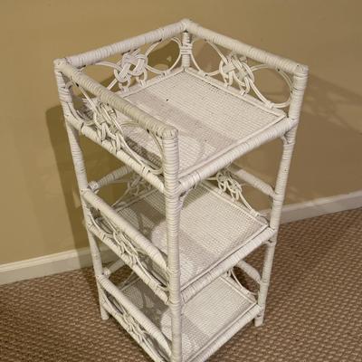 LOT 162B: Wicker Furniture - Rocker w/ Ottoman, Chair, Stool & Shelf