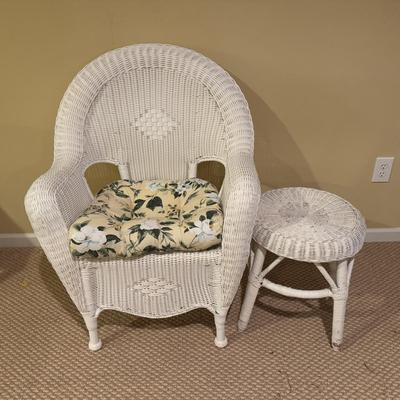 LOT 162B: Wicker Furniture - Rocker w/ Ottoman, Chair, Stool & Shelf