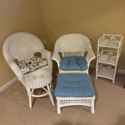 LOT 162B: Wicker Furniture - Rocker w/ Ottoman, Chair, Stool & Shelf