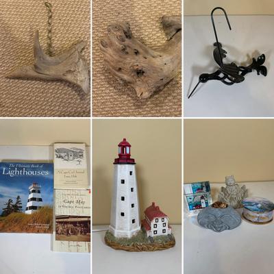 LOT 165B: Lefton Sandy Hook Lighthouse, Shaped Driftwood, Swirl Glitter Bird Sculpture, Carruth Frog Baby Sculpture & More