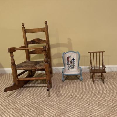 LOT 167B: Child's Rocking Chair & Two Mini Home Decor Rocking Chairs