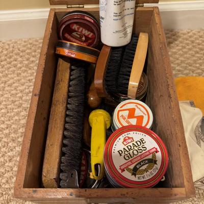 LOT 168B: Floral Cat Ironing Board, Buttoneer, Shoe Shine Kit & Hamilton Beach Iron Model 14010