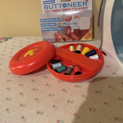 LOT 168B: Floral Cat Ironing Board, Buttoneer, Shoe Shine Kit & Hamilton Beach Iron Model 14010