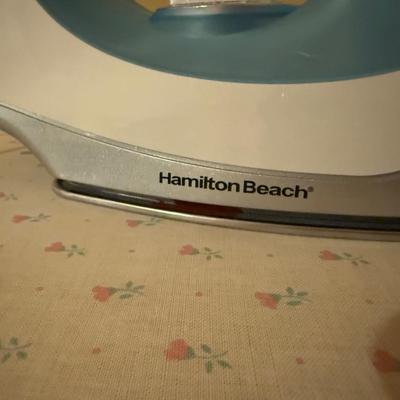 LOT 168B: Floral Cat Ironing Board, Buttoneer, Shoe Shine Kit & Hamilton Beach Iron Model 14010