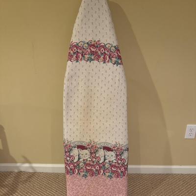 LOT 168B: Floral Cat Ironing Board, Buttoneer, Shoe Shine Kit & Hamilton Beach Iron Model 14010
