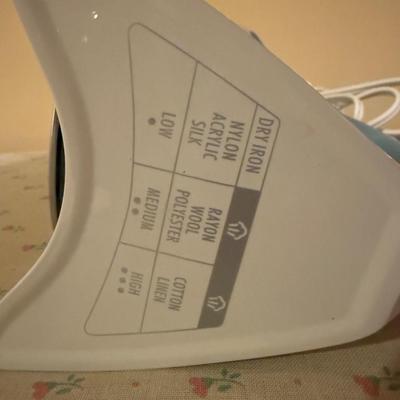 LOT 168B: Floral Cat Ironing Board, Buttoneer, Shoe Shine Kit & Hamilton Beach Iron Model 14010