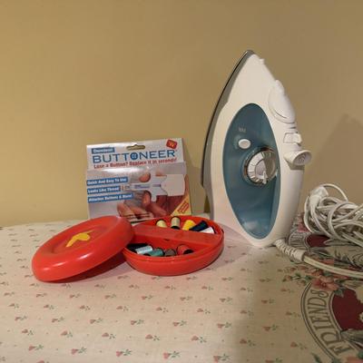 LOT 168B: Floral Cat Ironing Board, Buttoneer, Shoe Shine Kit & Hamilton Beach Iron Model 14010