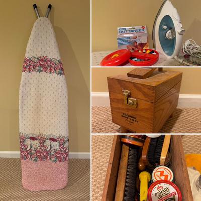 LOT 168B: Floral Cat Ironing Board, Buttoneer, Shoe Shine Kit & Hamilton Beach Iron Model 14010