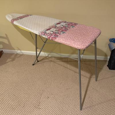 LOT 168B: Floral Cat Ironing Board, Buttoneer, Shoe Shine Kit & Hamilton Beach Iron Model 14010