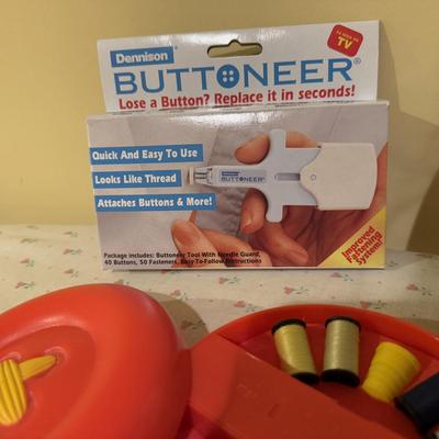 LOT 168B: Floral Cat Ironing Board, Buttoneer, Shoe Shine Kit & Hamilton Beach Iron Model 14010