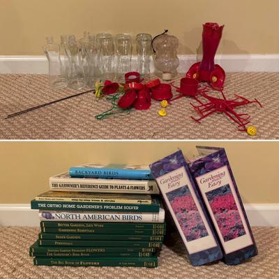 LOT 170B: Hummingbird Feeder & Parts w/ Books about Gardening & Bird Watching
