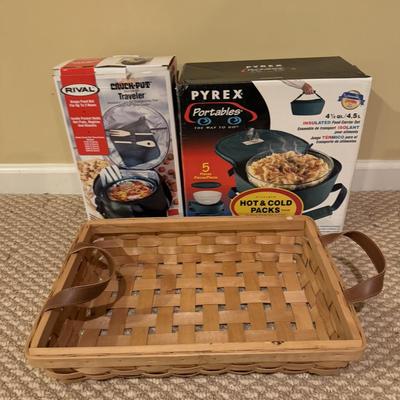 LOT 172B: Pyrex & Rival Insulated Bags, Serving Basket, Glass Tea Dispenser & More